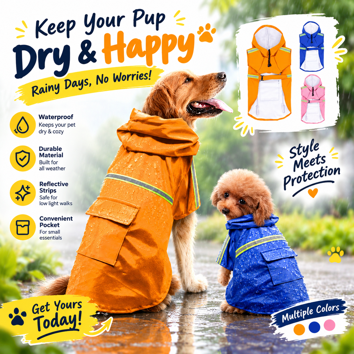 Waterproof Dog Raincoat with Reflective Strips – Adjustable Pet Rain Jacket with Hood & Pockets
