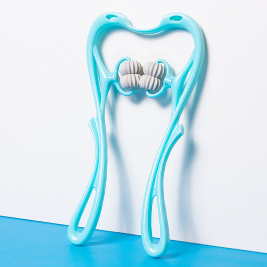 Light blue facial roller on a white and blue gradient background